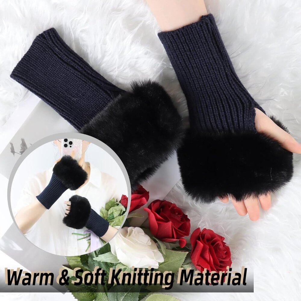 Women's Blue Knitted Fingerless Faux Fur Wrist Cuff Thumb Hole Warmers Gloves - Picture 2 of 6